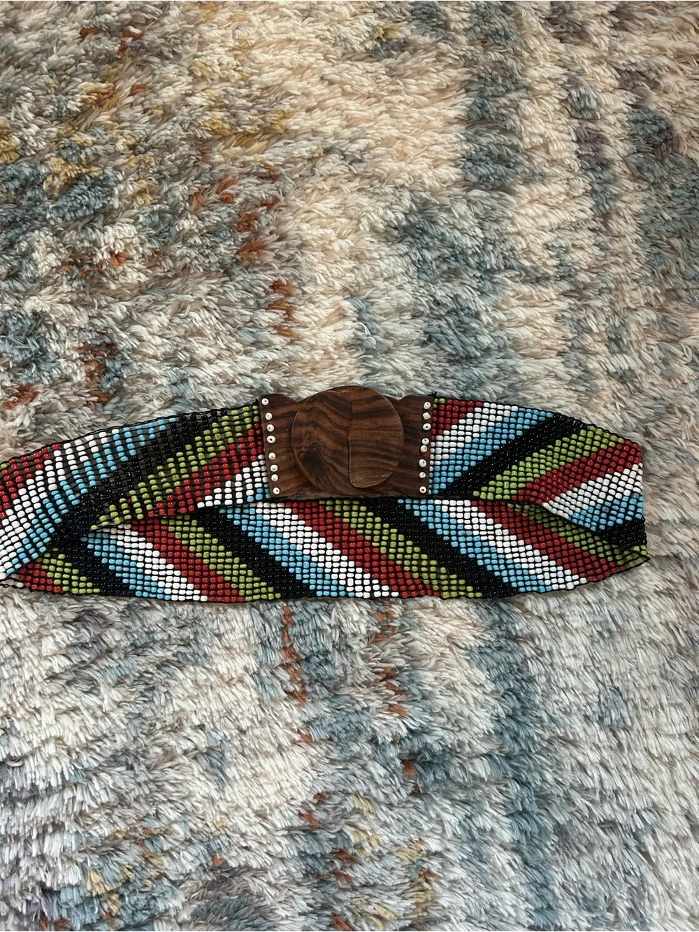 Beaded Multicolor Waist Belt with Wooden Buckle